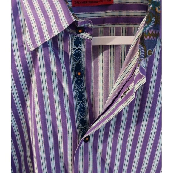 Luchiano Visconti (L) Mens Purple Striped Button Paisley Print Trim 2-ply Cotton - Picture 4 of 7